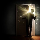 21789377 - image of young businessman standing with back opening door against dollar sigh background